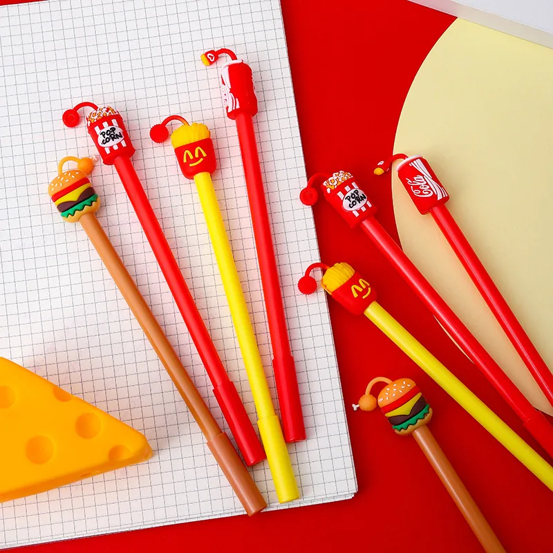 20Pcs/Lot Kawaii Fast Food Pendent Gel Pens Cute Cartoon Hamburger Popcorn Cola 0.5mm Black Ink Writing Office School Stationery