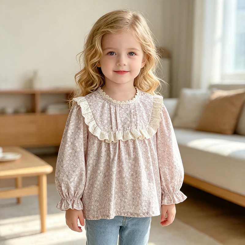 2026 Baby Girl Floral Print Blouse Lace Ruffle Collar Long Puff Sleeve Shirt Toddler Sweet Tops Kid Spring Autumn Casual Clothes