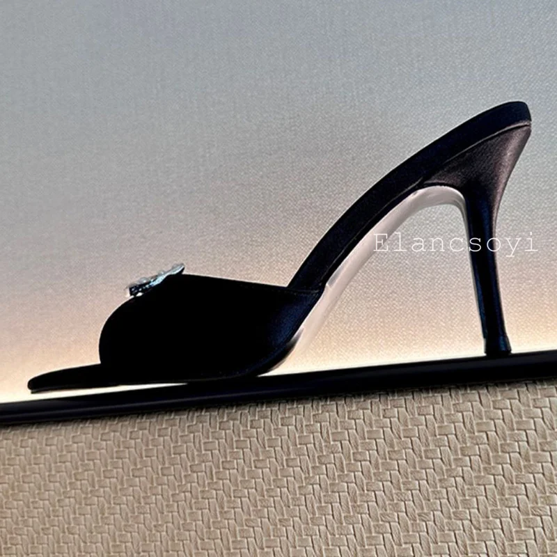 Summer Pointed Toe Exposed Toes Satin Silk Slippers Women Shiny Crystal Design Thin Heel Sandals Female Banquet Dresses Shoes