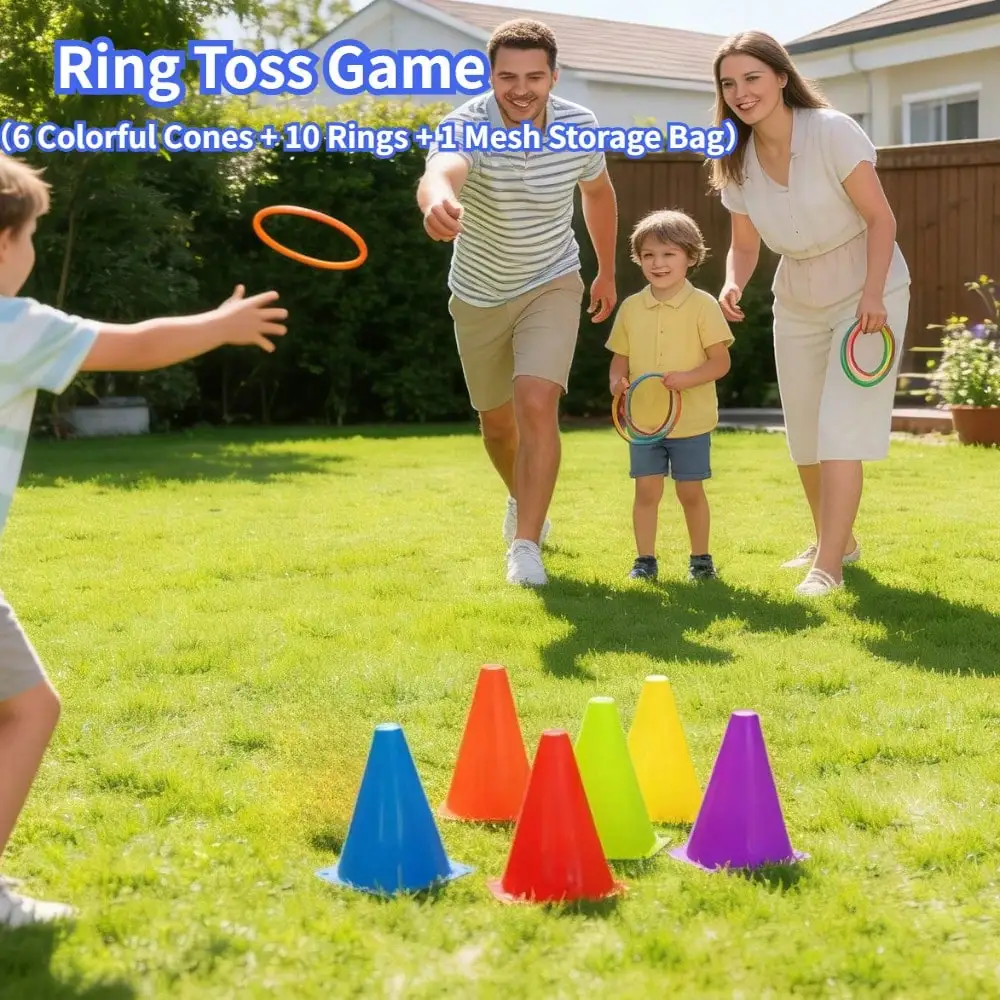 Ring Toss Game Kit, Includes 6 Colorful Cones + 10 Plastic Throwing Rings + 1 Mesh Storage Bag, Indoor & Outdoor Carnival Toss Toy, Family Backyard Party Game, Kids Educational Sensory Training Toy, Birthday & Festival Party Supplies