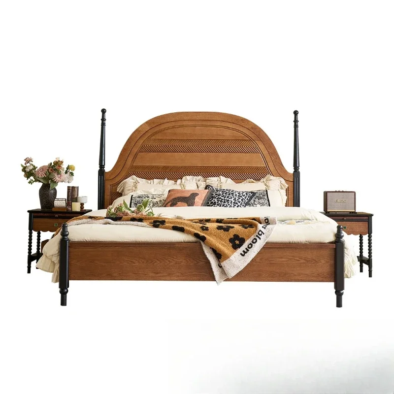 

French retro bed antique 1.8 meters American double ash wood high backrest master bedroom 1.5 meters all solid wood bed