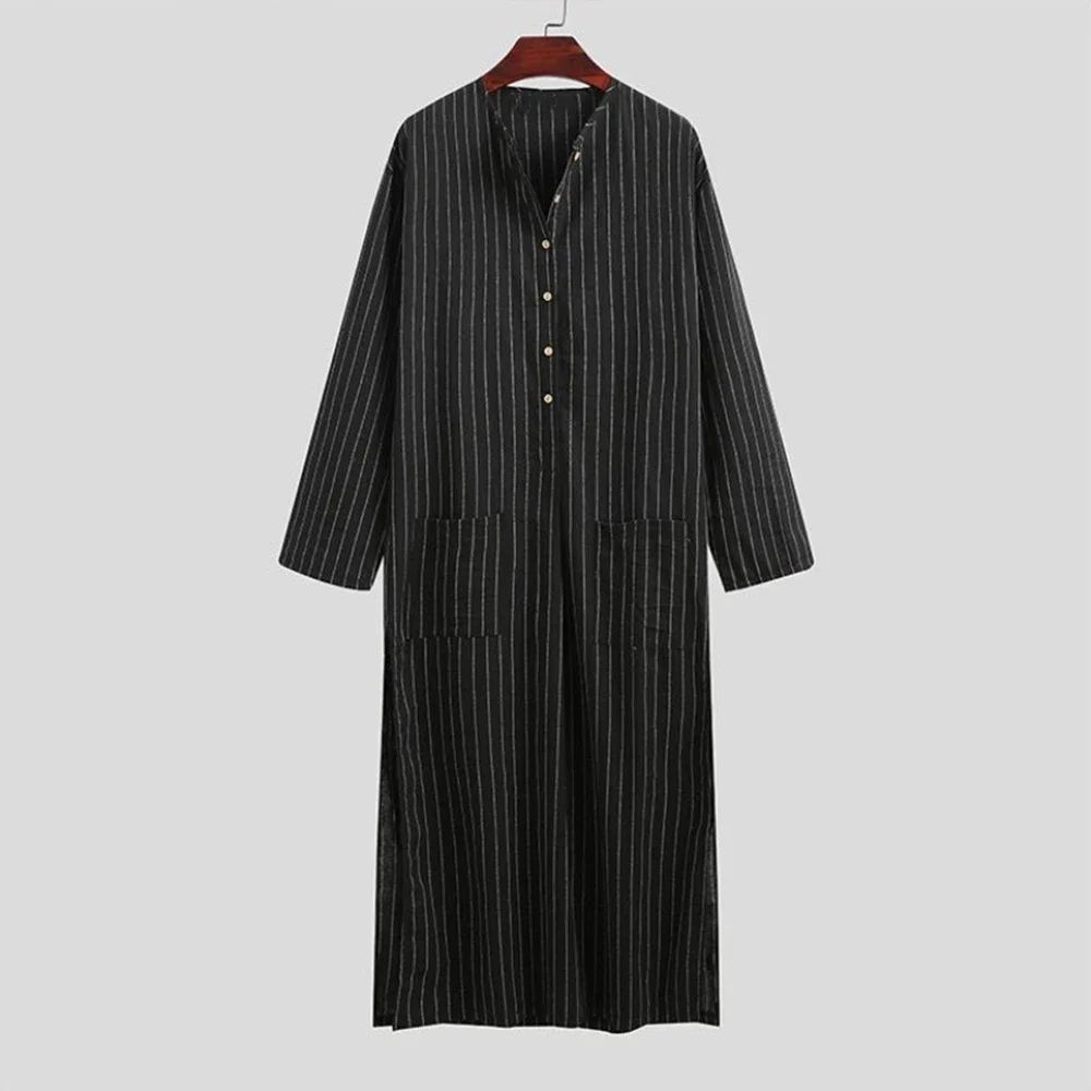 YUFEIDA Men Robes Kaftan Muslim Arab Islamic Vintage Long Sleeve Striped Thobe Muslim Kaftan Loungewear Plus Size Arabia Abaya