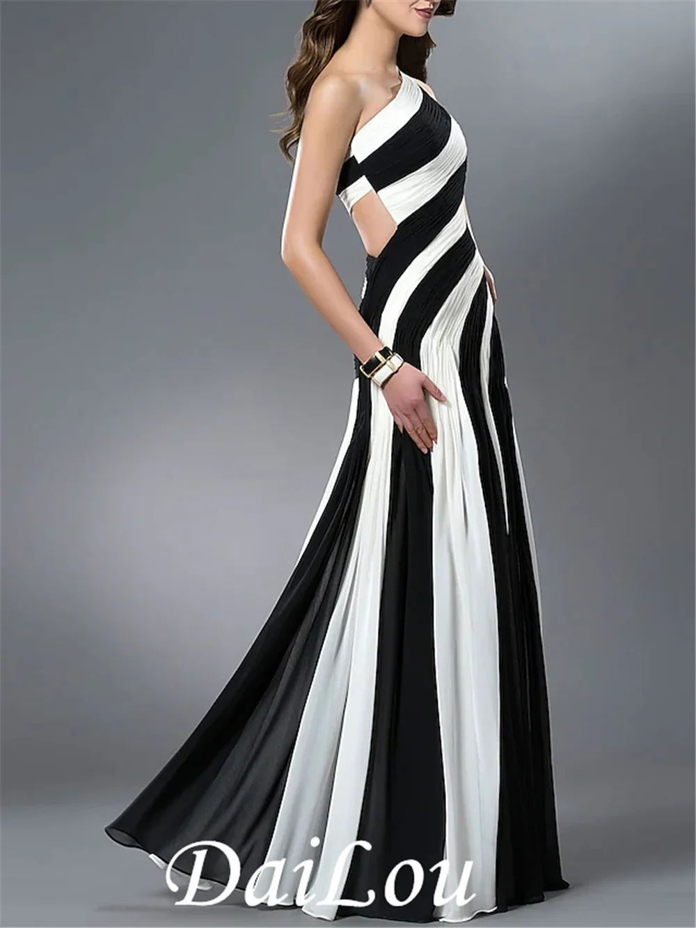 Sheath / Column Color Block Sexy Wedding Guest Formal Evening Dress One Shoulder Sleeveless Floor Length Chiffon with Pleats