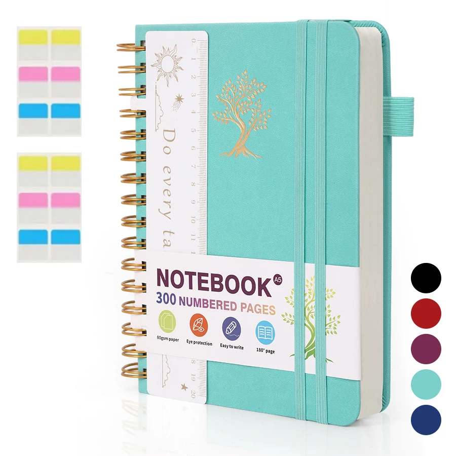 Spiralgebundenes Notizbuch für Damen und Herren, 300 nummerierte linierte Seiten, College-Linierung, A5 Hardcover Spiralblock