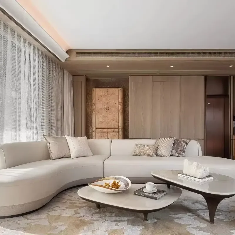 Modern luxury villa living room furniture set L-shaped sofa combination coffee table cabinet full set of indoor solutions OEM