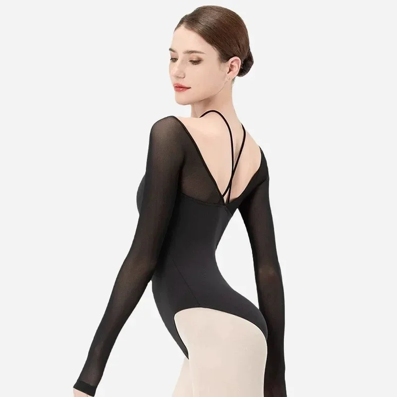 Black Mesh Ballet Leotard Women Cross shoulder strapsOne-piece cup Classical Dancewear Gymnastics Swimsuit Yoga Tights Performan