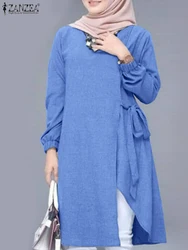 ZANZEA musulmana-Blusa de manga abombada para Mujer, caftán Abaya con dobladillo Irregular, camisa elegante de Turquía, moda de otoño