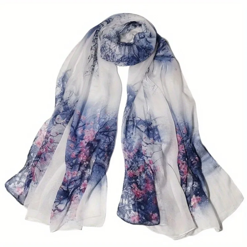 

Lightweight Large 100% Mulberry Silk Chiffon Scarf for Women Oblong Shawl Neck Scarf Beach Wrap Headscarf Gift Pack Blue Floral