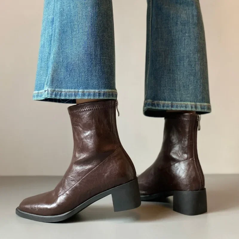 Ladies Shoes 2024 High Quality Mid-Calf Women's Boots Fashion Back Zip Office and Career Hot Sale Square Heel Shoes for Women image 2