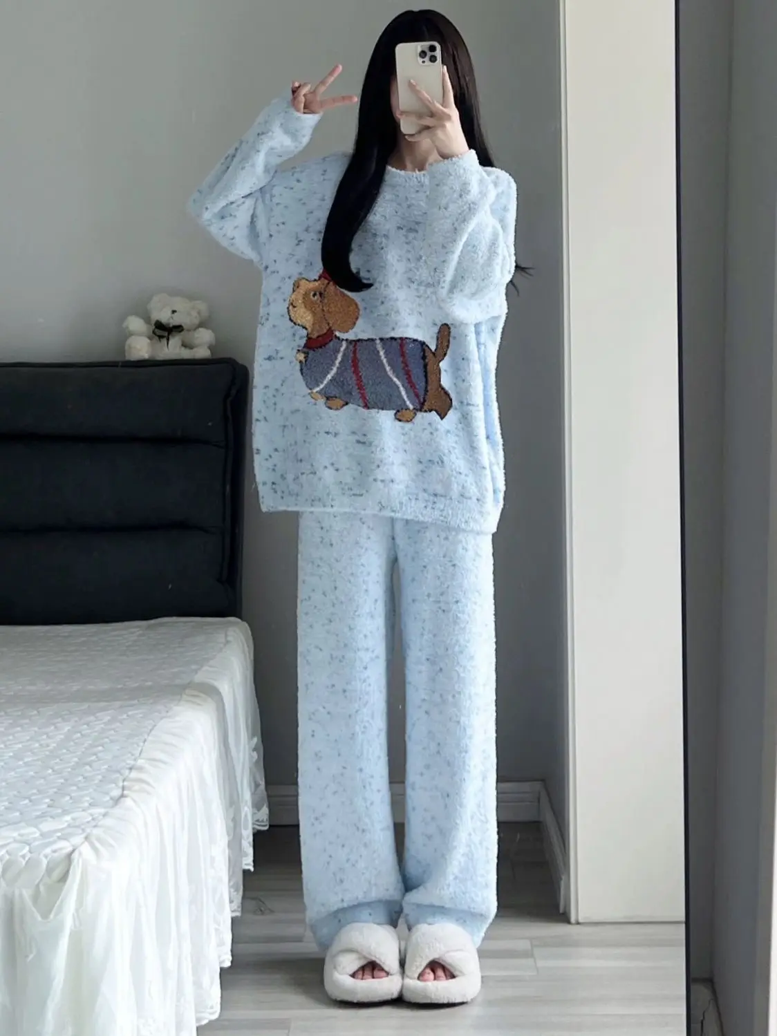 Coral Velvet Pajamas Women Winter  Sweet Cute Dog Leisure Thickened Girls Homewear Blue Soft Warm Set