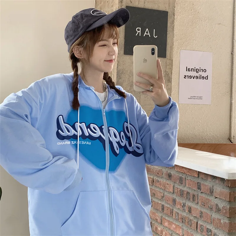 2025 가을 신상 가디건 긴팔 후드 스웨트셔츠 여성용 얇은 디자인 하트 레터 프린트 루즈핏 탑 여성 의류