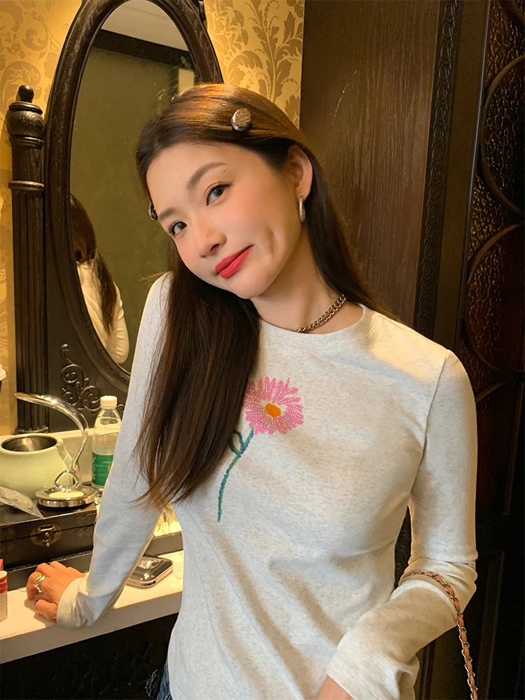 

Women's Long Sleeve Base Shirt Autumn Winter Inner Wear Outer Wear Light Grey T-Shirt Slim Fit Korean Style Commute Style