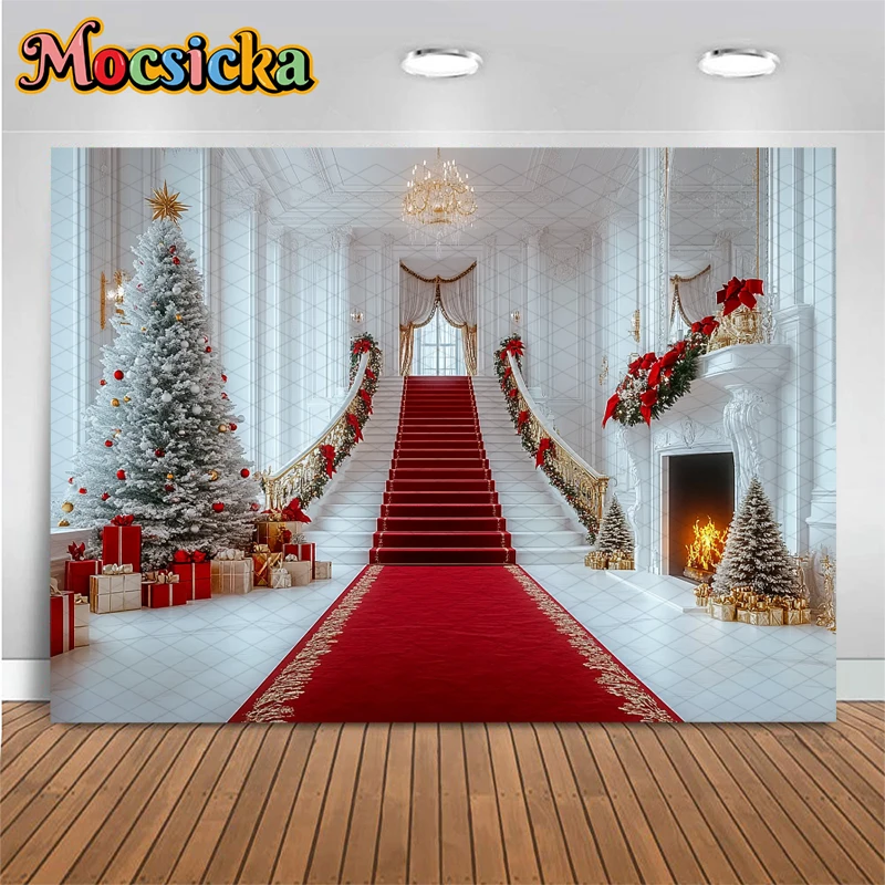Mocsicka عيد ميلاد سعيد خلفية السنة الجديدة حفلة شجرة قصر الدرج السجادة الحمراء الأبيض الموقد الديكور خلفية المهرجان #4