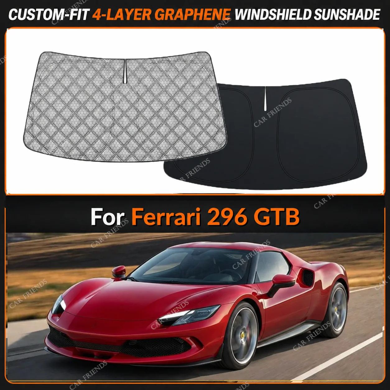 For Ferrari 296 GTB Custom-Fit 4-Layer Graphene Windshield Sunshade Reflective Gray-Silver Surface Helps Reduce Direct Sunlight