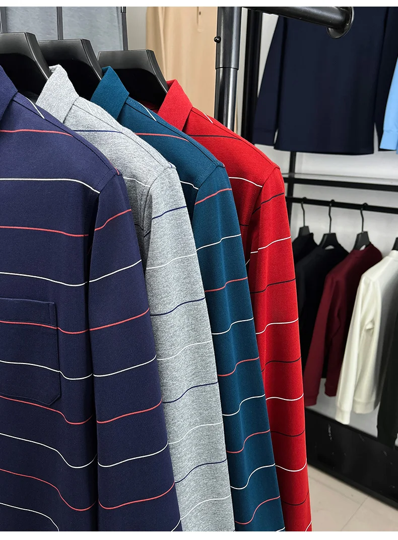 Hochwertiges gestreiftes Langarm-Poloshirt für Herren, neues Komfort-Taschendesign, Frühling/Herbst, luxuriöses Business-Casual-T-Shirt. – Detail 5