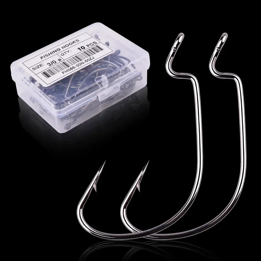 10PCS Wide Crank Fishing Hooks Carbon Steel Offset Fishhook 5/0#-1# Bass Barbed Carp Fishing Hook For Soft Worm Lure