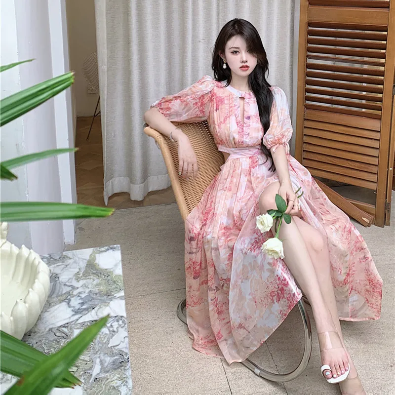 Beach Vaion Ele Beautiful ter Ne ort Sve Chiffon Dr Damen Hohe Taille Fade Farbe Blumendruck Maxi Dr