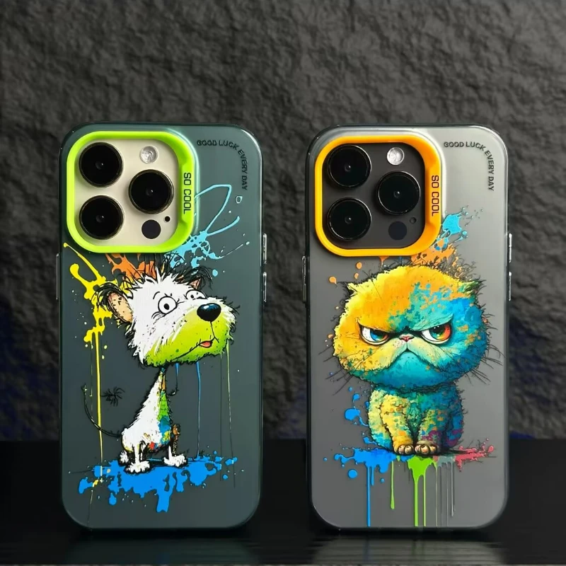 Oil Painting Fat Cat Puppy Phone Case for iPhone 14 15 Pro Max 11 12 13 X XR XSMax 7/8 Plus Laser Plated Shockproof Bumper Cover