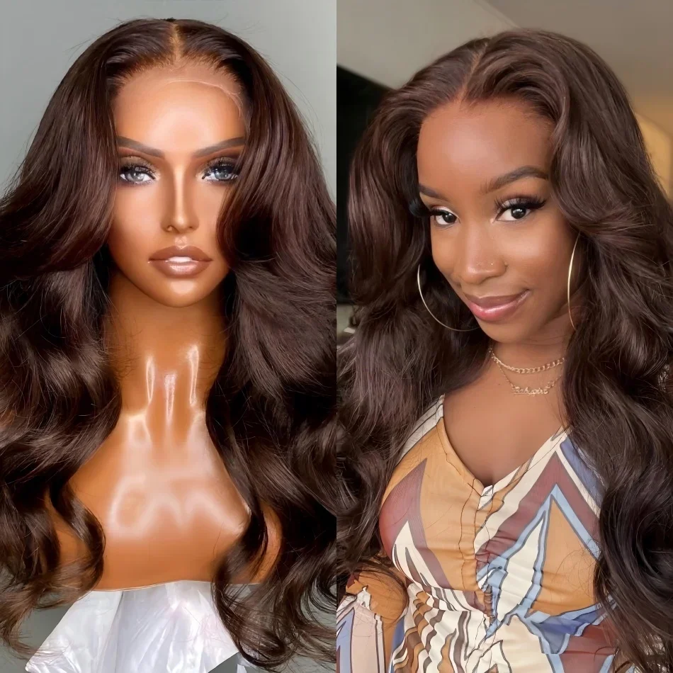 

Glueless Wigs Chocolate Brown Colored 13x6 Lace Frontal Wig Pre plucked Body Wave Human Hair Super Double Drawn Raw Virgin Hair