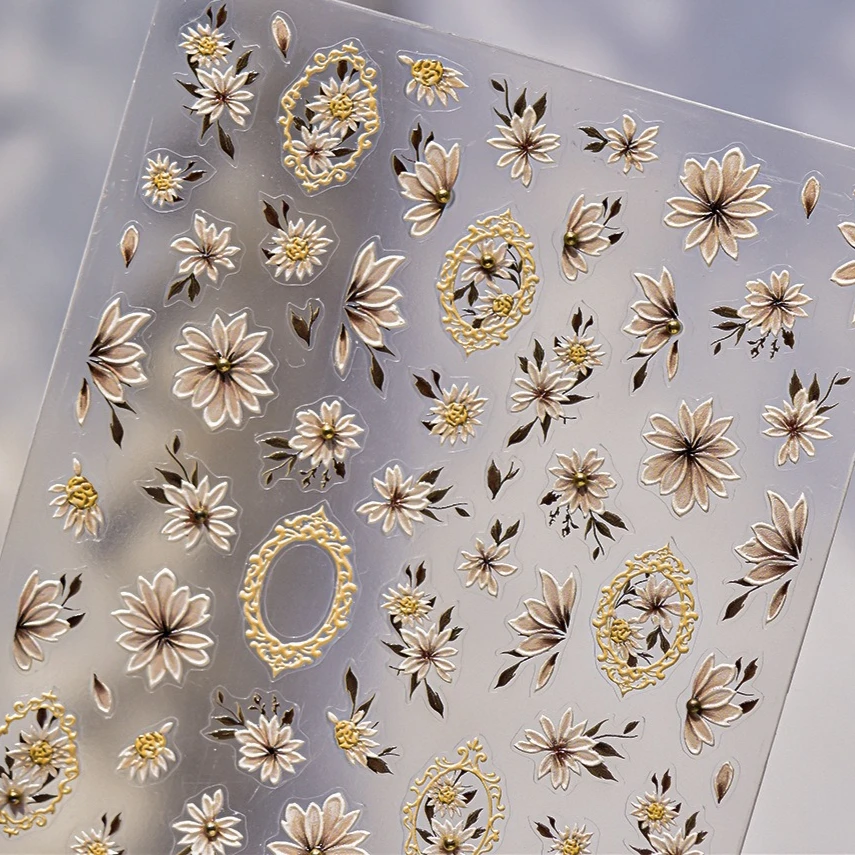 부드러운 꽃잎 데이지 빈티지 사진 액자 꽃 로맨틱 국화 금색 구슬 DIY 네일 아트 스티커 장식 매니큐어 데칼