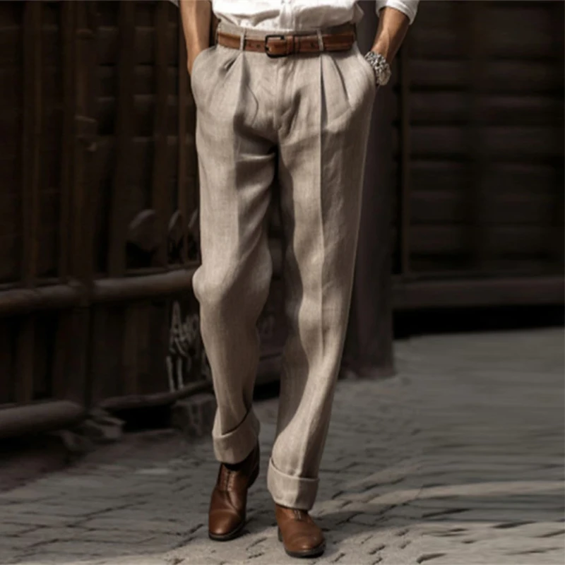 Cotton Linen Pants Men Business Casual Fashion Thin Suit Trouser Autumn Vintage Mens Solid Color Pleated New Design Waist Pants