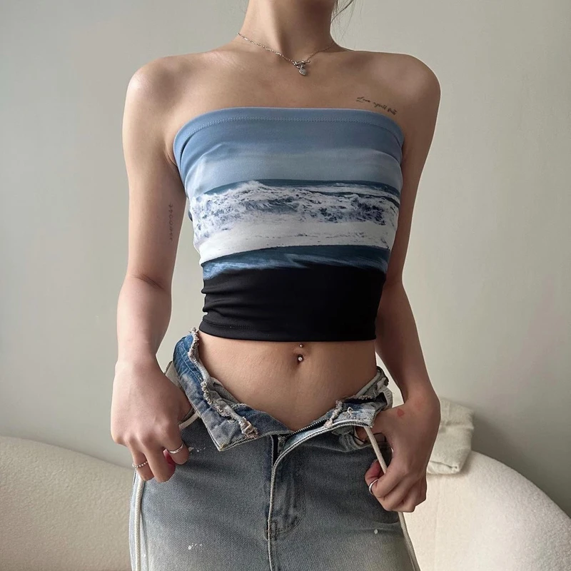 Women Strapless Cropped Bandeau Tube Tops Backless Camisole Streetwear Aesthetic Grunge Clothes Tanks Top 2024