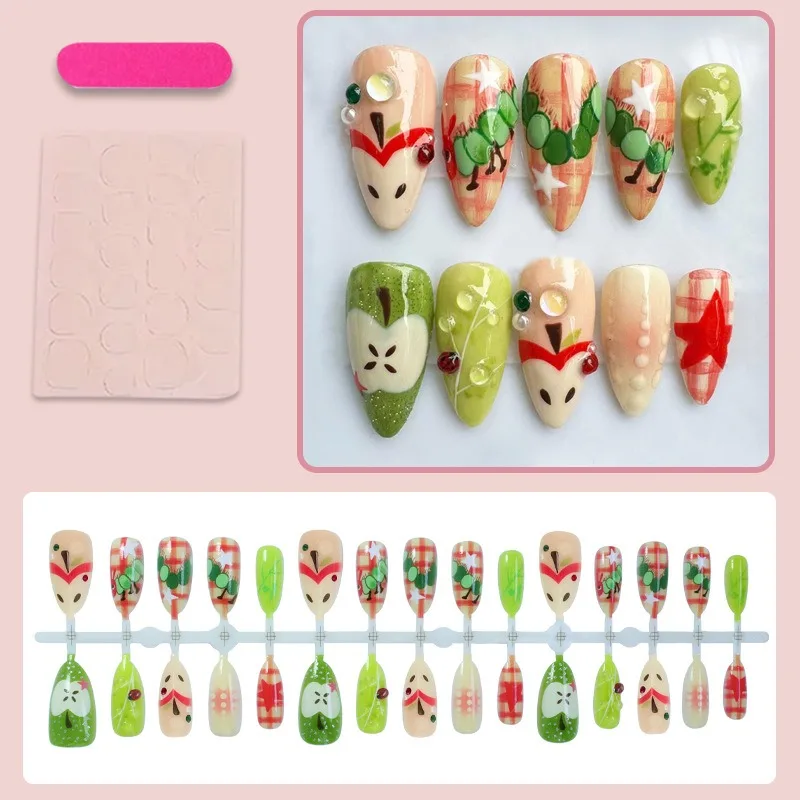 24PCS Fresh Fruit Almond False Nails with  Cute Apple Plaid Patterns French Press on Nails Full Cover Wearable Sweet Fake Nails