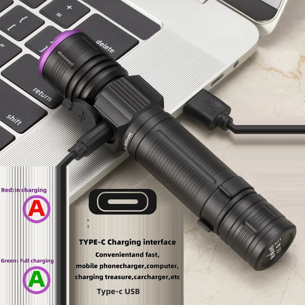 395nm UV identification aluminum alloy convenient focusing purple light 365nm aluminum alloy flashlight type-c charging