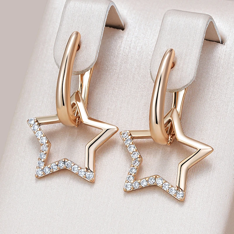 Kinel Hot Fashion Glossy 585 Gold Color Star Dangle Earrings For Women Paved Natural Zircon Accessories Daily Fine Jewelry