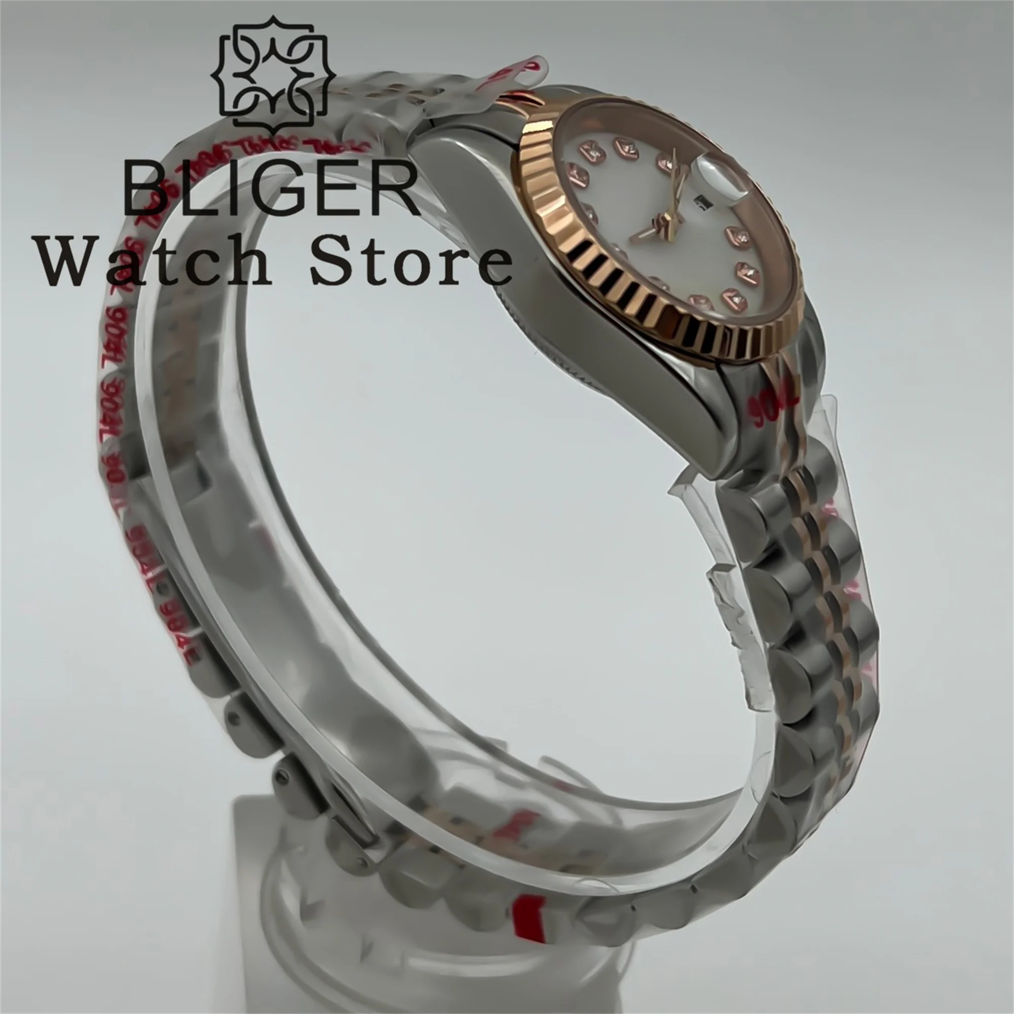 BLIGER 26mm Silver Rose Gold Mechanical Women's Watch NH05 Movement White Pearl Shell Dial Rose Gold Index Date Sapphire Glass