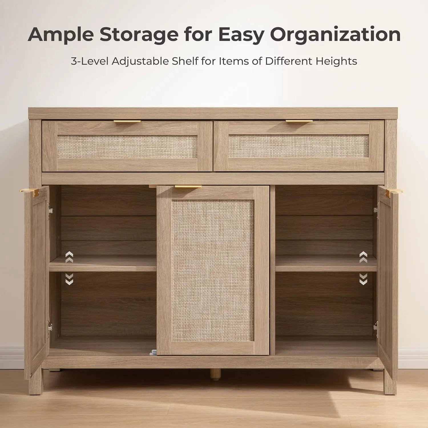 Credenza in rattan con 3 ante e 2 cassetti, credenza Boho per cucina o soggiorno, rovere chiaro