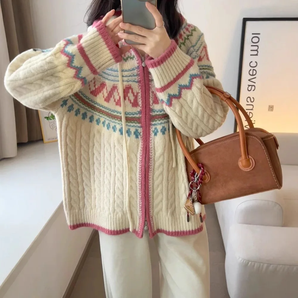 

Cardigan Women Sweaters Coats Hooded Zipper Full Sleeve Jumpers Y2k Streetwear Elegant Thick Knit Open Stith Autumn Winter