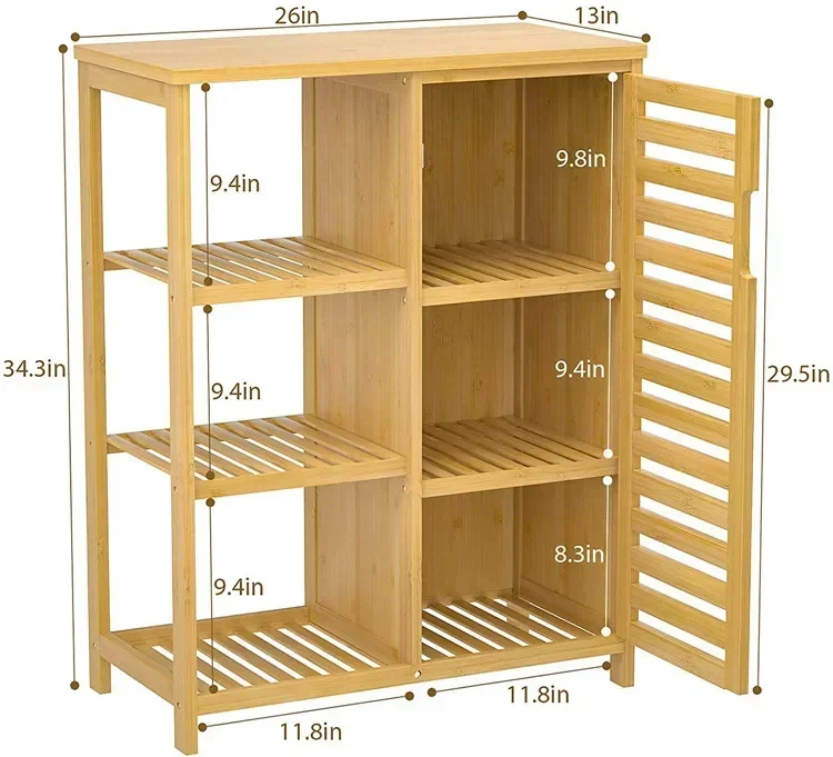 Floor Freestanding Bamboo Bathroom Storage Cabinet with Shutter Door and Shelves for Home