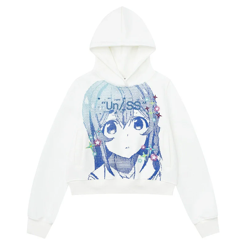Dames cartoon meisje print hoodie 2025, herfst streetwear trui cropped sweatshirt, casual korte tops met capuchon