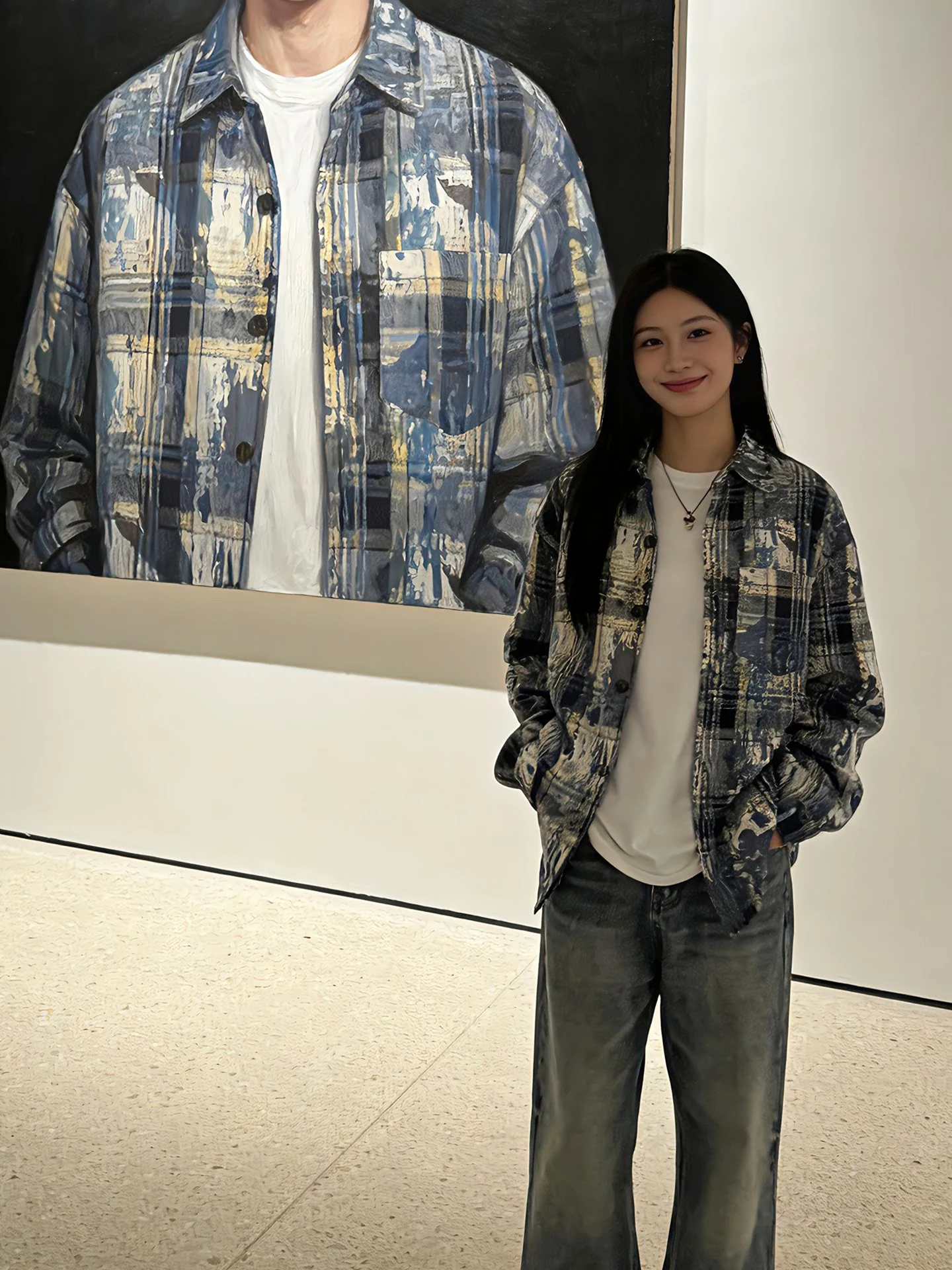 

American Sle Tie Dye Blue Plaid Long Sve irt ex Spring Autumn High End Feeling Outerwear for Youth Casual Wear