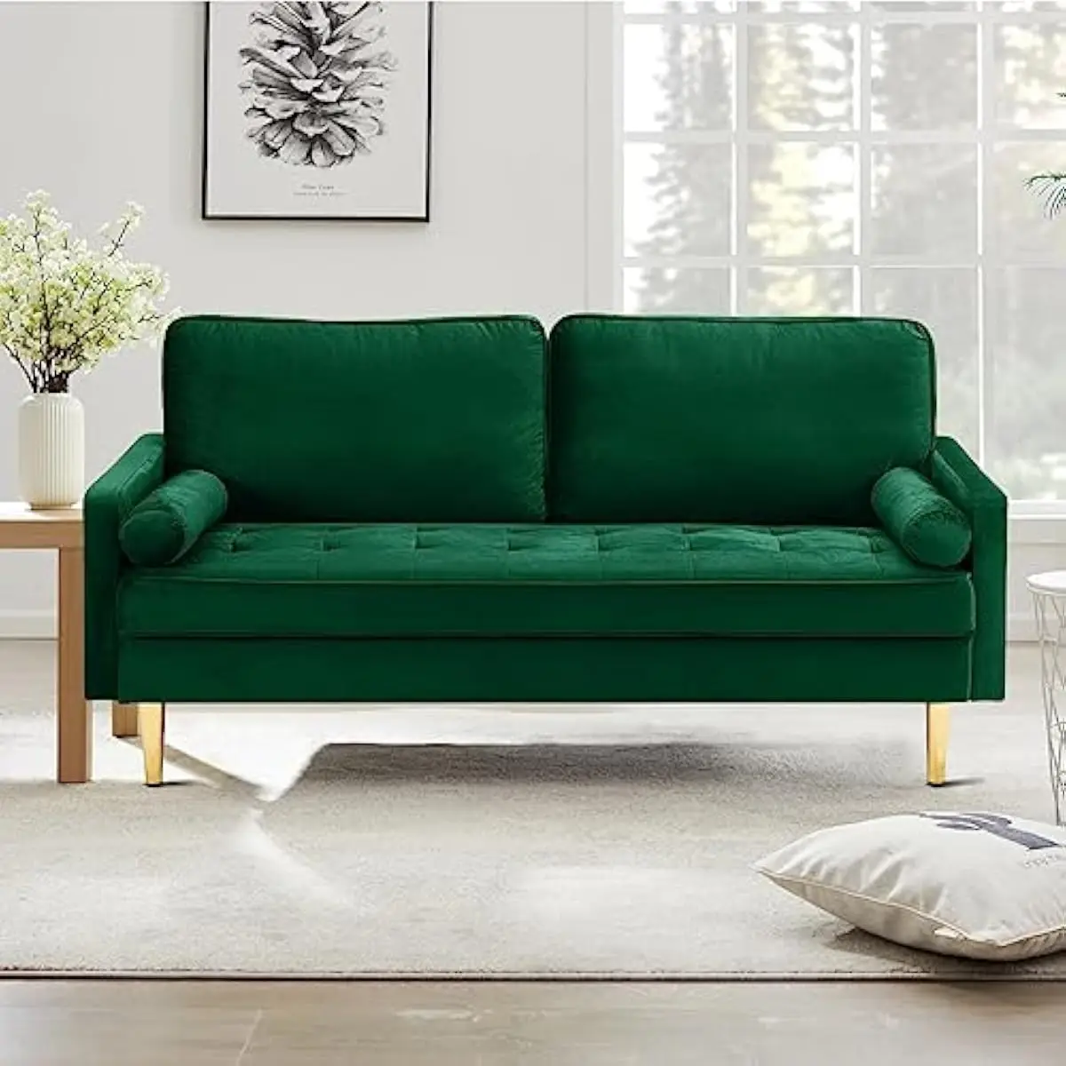 Velvet Two-Seater Loveseat with Bolster Pillows • Mid-Century Modern Design • Compact 68.8 Inch Width • Green Upholstered Sofa •