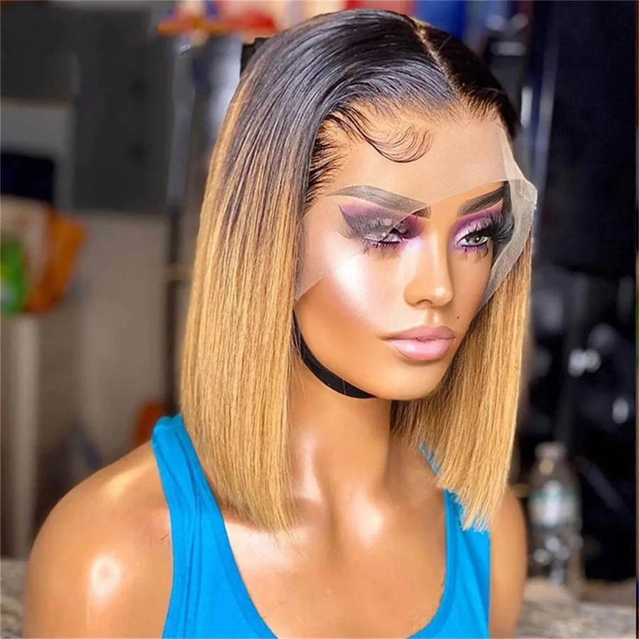 Ombre Honigblond T1B/27 Bob-Perücke, Echthaar, vorgezupfte Bob-Perücken, gefärbt, 13 x 4 Spitze, Braun mit dunklen Wurzeln, Bob-Perücke