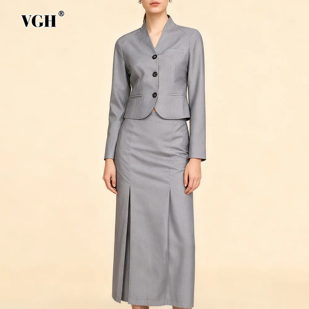 

VGH Элегантные однотонные утягивающие комплекты из двух предметов для женщин с v-образным вырезом и длинными рукавами, юбка с высокой талией, темпераментный комплект, женская мода, новинка