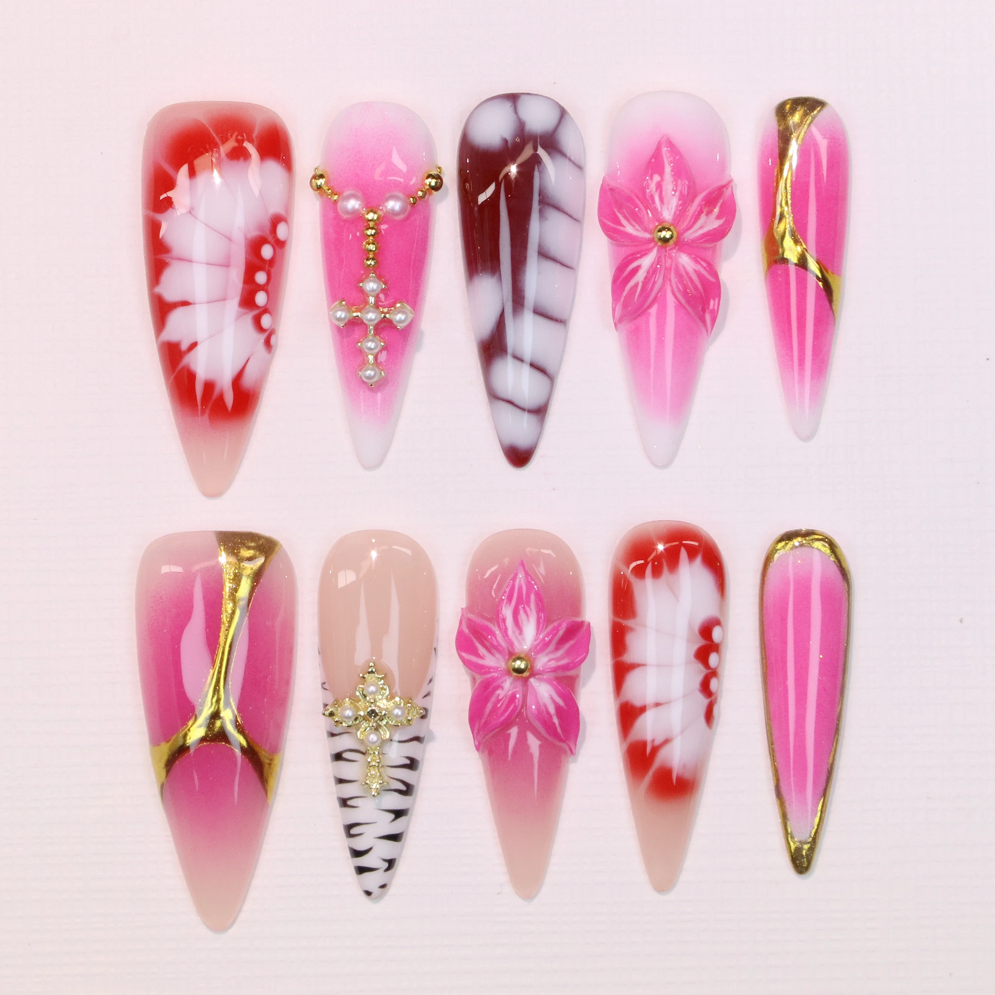 

10Pcs Y2K Elegant Custom Design Long Stiletto Press On Nail,Handpainted Luxury Regal Beautiful Flowers Stained Press On Nails
