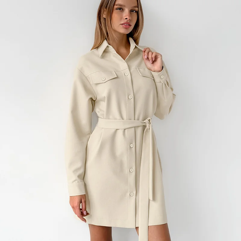 

Commuting Elegant Belted Workwear Autumn Winter Fashion Khaki Turn-Down Collar Drop Shoulder Sleeve Pocket Vintage Dress for Wom