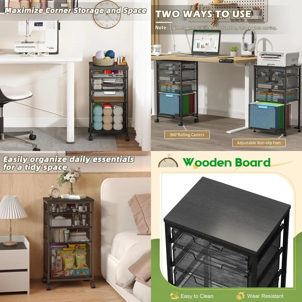 

Многоцелевая запираемая деревянная тележка для хранения вещей с ящиками для домашнего, офиса и классной комнаты черного цвета