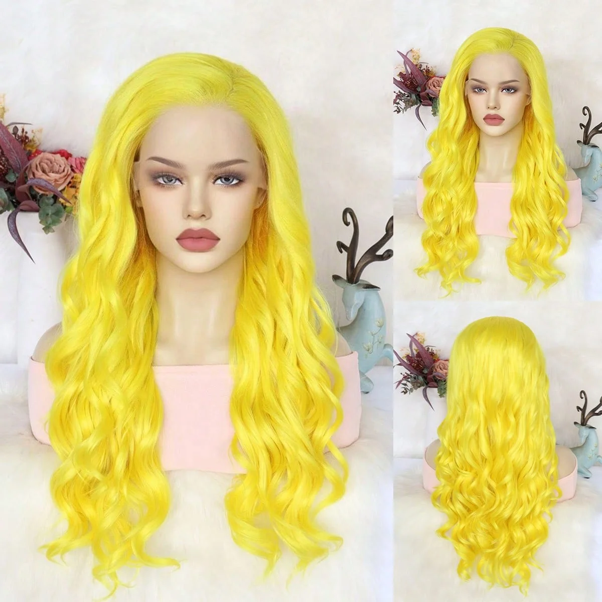 

13X2 Синтетический парик фронта шнурка Желтый вьющийся волнистый длинный парик фронта шнурка 180% Парик шнурка высокой плотности, рождественские подарки