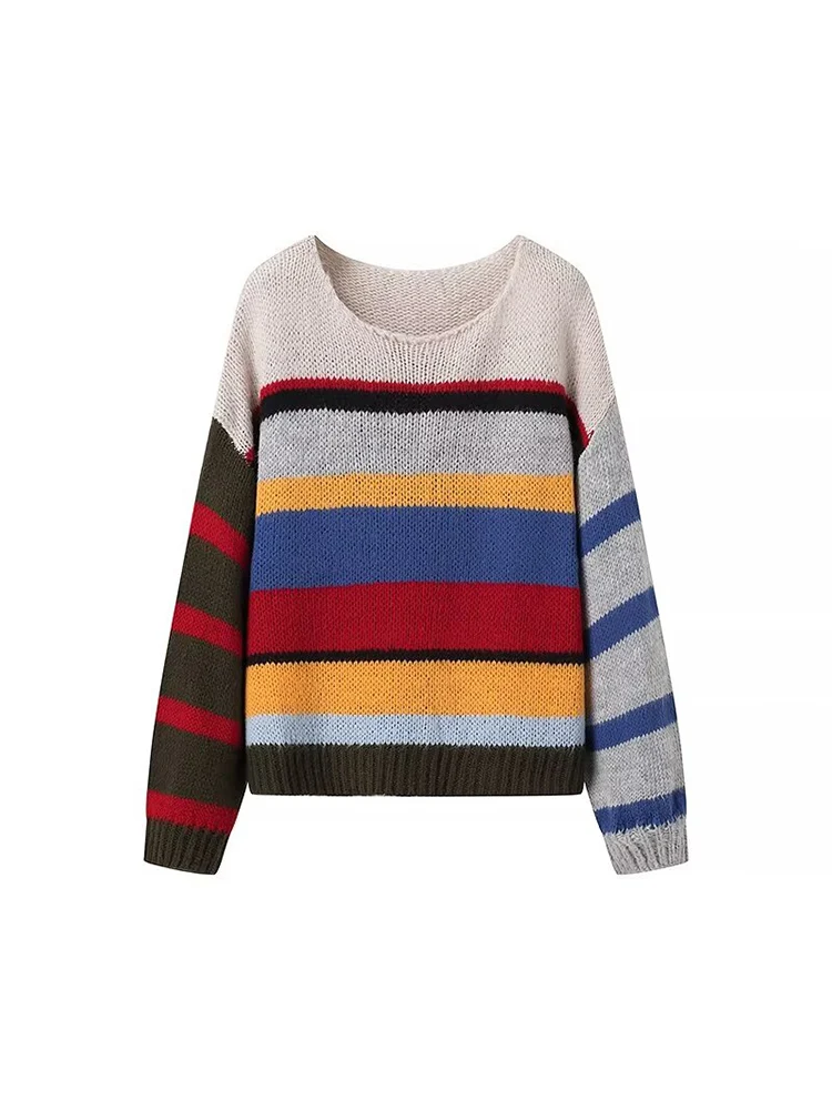 

2024 autumn and winter new fashion women's long-sleeved round neck color matching striped sweater women's tops