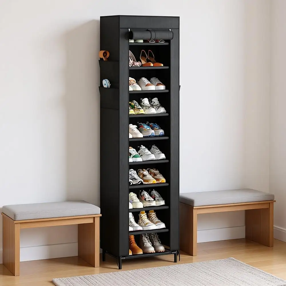 

10-ярусная высокая полка для обуви с крышкой, вмещает 20 пар, черная