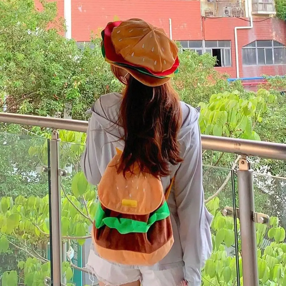 Storage Bags Girls Shoulder Bags Plush Coin Purse Cartoon Burger Bag Hamburger Plush Backpack Kids Pack Kindergarten School Bag