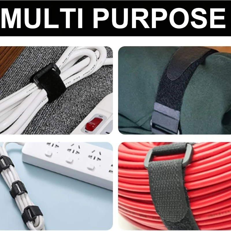 10 Heavy-Duty Black Reusable Hook and Loop Fastener Straps - Non-Slip Adhesive Backing, Suitable for Cables
