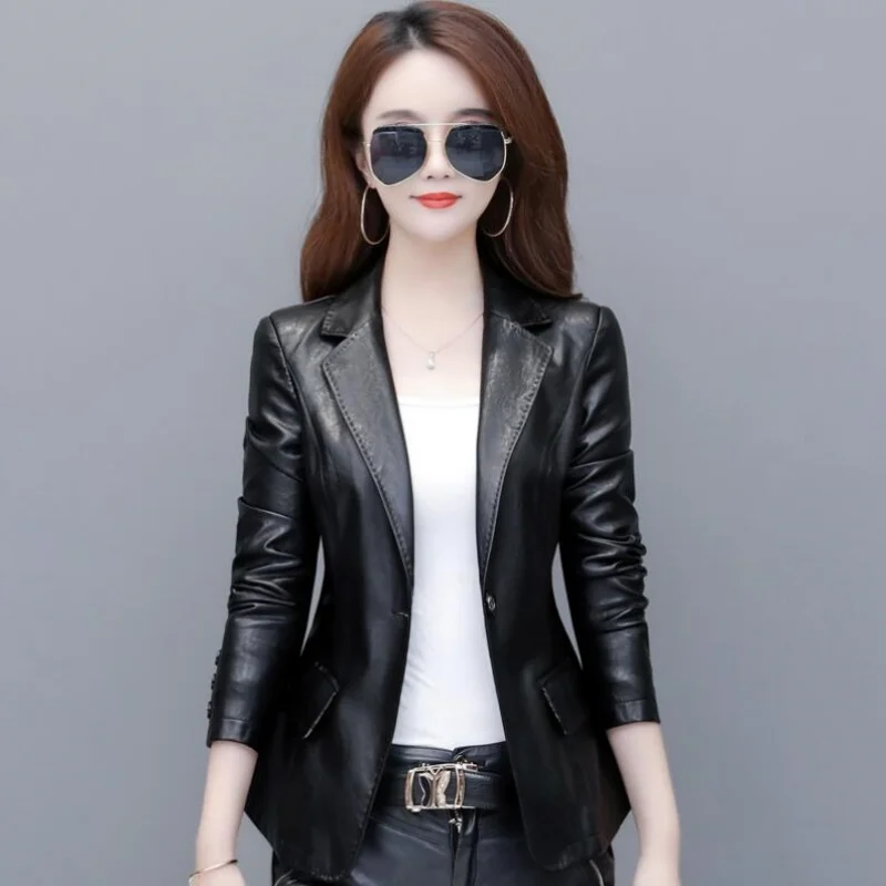 Imagem -05 - Primavera Jaqueta de Couro Genuíno para Mulheres Moda Coreana Fino Cabolsa de Pele Carneiro Preto Vermelho Jaquetas de Couro Real Senhoras Casual Blazer Femme