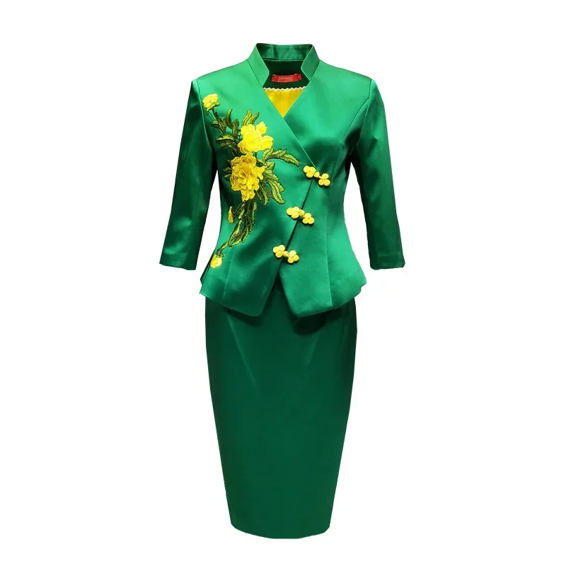 

Office Lady Women High End Flower Embroidery Green Skirt Suits 2 Pieces Blazers Elegant Customized Clothing