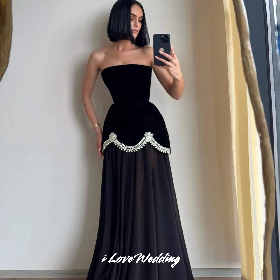 ブラック ビーズ A ライン ストラップレス ノースリーブ プロムドレス ローブ ド ソワレ ウェディング パーティー ドレス フロアレングス エレガント プリーツ カスタム