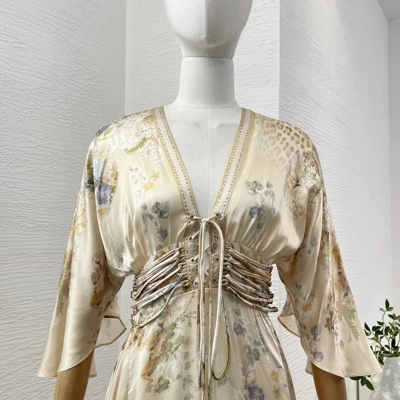 2024 Newest Luxury Silk High Quality Cross Straps Floral Print Graceful Backless Side Slits Women Midi Party Dress image 4